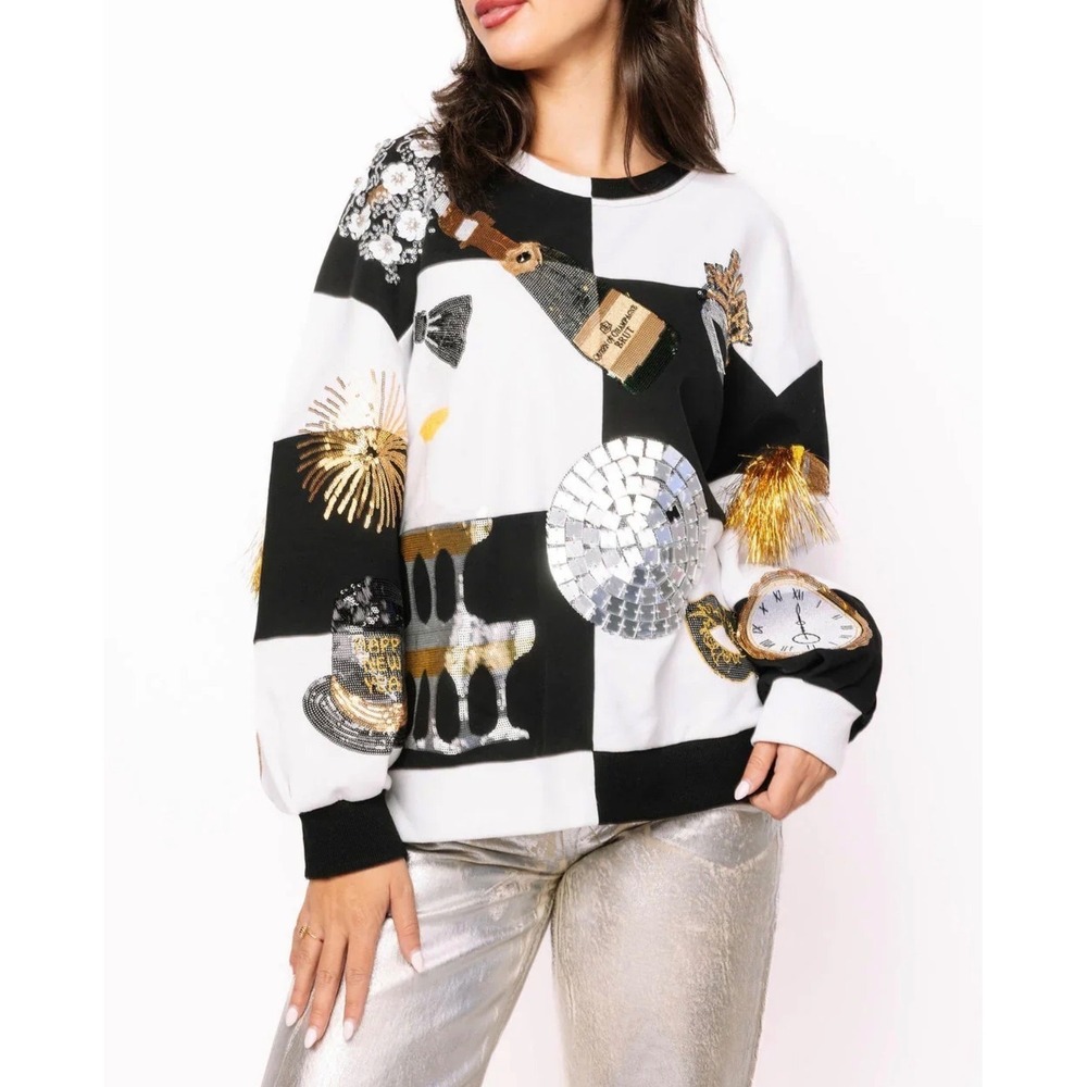 Queen of Sparkles Black & White New Year's Eve Party Icon Sweatshirt Oversized M